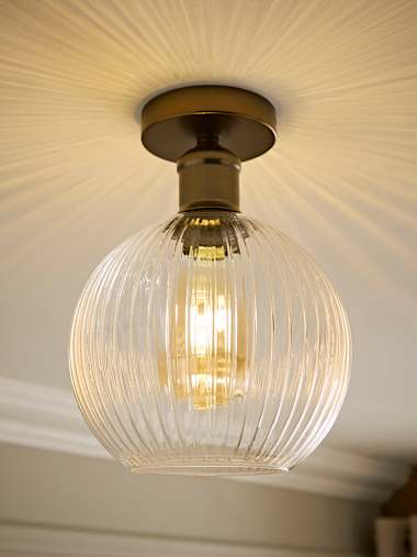 Brushed Brass Flush Ceiling Light with Ribbed Glass Shade