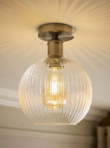 Brushed Chrome Flush Ceiling Light with Ribbed Glass Shade