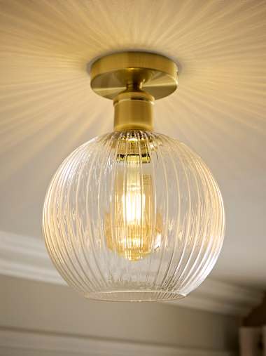 Brushed Gold Flush Ceiling Light with Ribbed Glass Shade