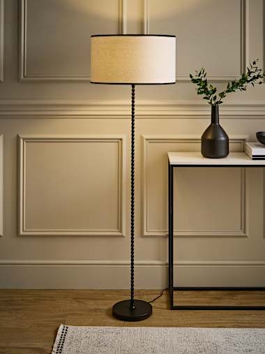 Matte Black Bobbin Floor Lamp with Trim Linen Shade