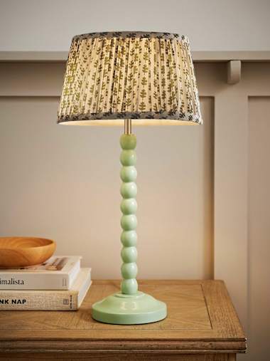 Sage Green Bobbin Table Lamp with Green Floral Pleated Shade