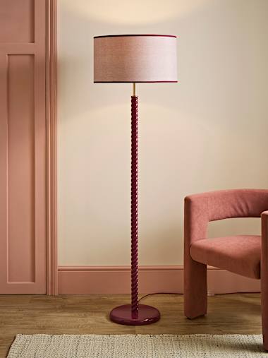 Pink Wooden Twist Floor Lamp with Trim Drum Shade