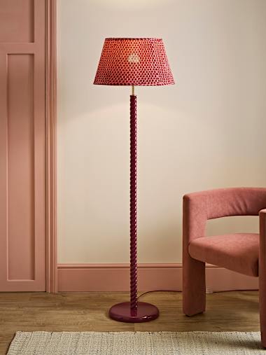 Pink Wooden Twist Floor Lamp with Pleated Taper Shade