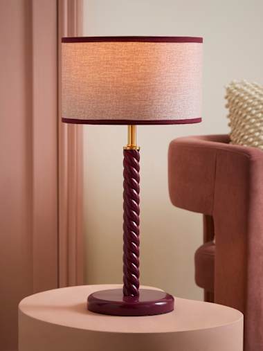 Pink Wooden Twist Table Lamp with Trim Drum Shade