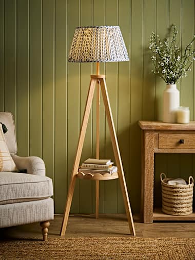 Natural Scallop Shelf Tripod Floor Lamp with Navy Ditsy Pleated Taper Shade
