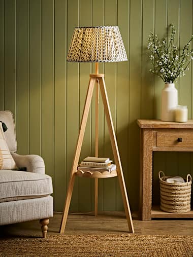 Natural Scallop Shelf Tripod Floor Lamp with Green Ditsy Pleated Taper Shade