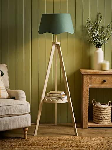 Cream Tripod Scallop Shelf Floor Lamp with Sage Scallop Shade