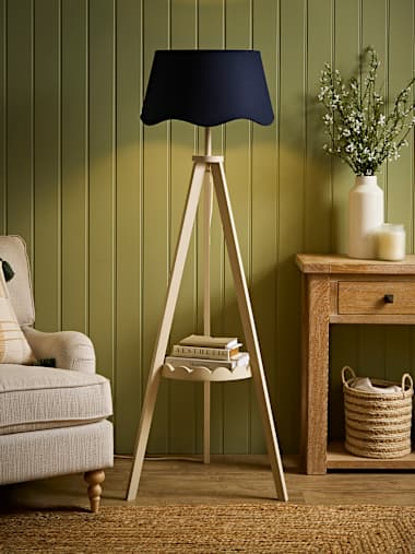 Cream Scallop Shelf Tripod Floor Lamp with Navy Scallop Shade