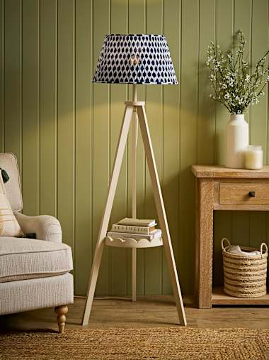 Cream Scallop Shelf Tripod Floor Lamp with Ikat Taper Shade