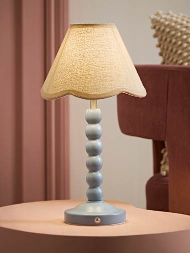 Powder Blue Bobbin Rechargeable Table Lamp with Natural Trim Scallop Shade