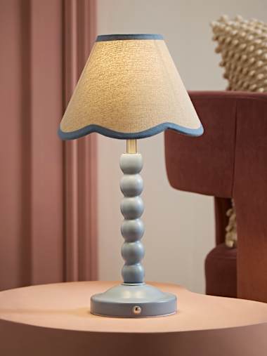 Powder Blue Bobbin Rechargeable Table Lamp with Blue Trim Scallop Shade