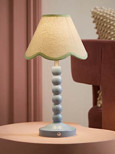 Powder Blue Bobbin Rechargeable Table Lamp with Green Trim Scallop Shade