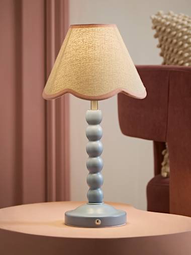Powder Blue Bobbin Rechargeable Table Lamp with Pink Trim Scallop Shade