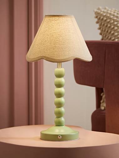 Sage Green Bobbin Rechargeable Table Lamp with Natural Trim Scallop Shade