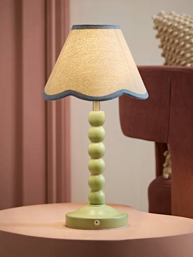 Sage Green Bobbin Rechargeable Table Lamp with Blue Trim Scallop Shade
