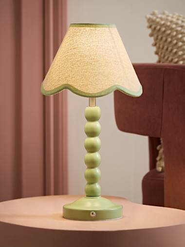 Sage Green Bobbin Rechargeable Table Lamp with Green Trim Scallop Shade