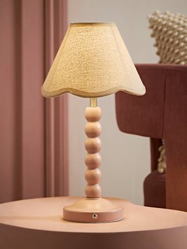 Rose Pink Bobbin Rechargeable Table Lamp with Natural Trim Scallop Shade