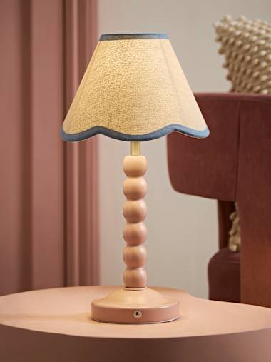 Rose Pink Bobbin Rechargeable Table Lamp with Blue Trim Scallop Shade