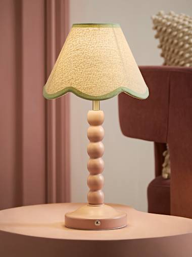 Rose Pink Bobbin Rechargeable Table Lamp with Green Trim Scallop Shade