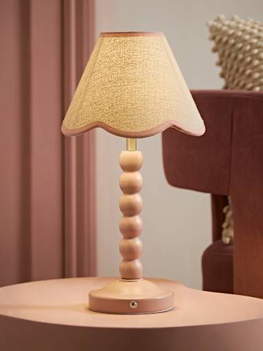 Rose Pink Bobbin Rechargeable Table Lamp with Pink Trim Scallop Shade