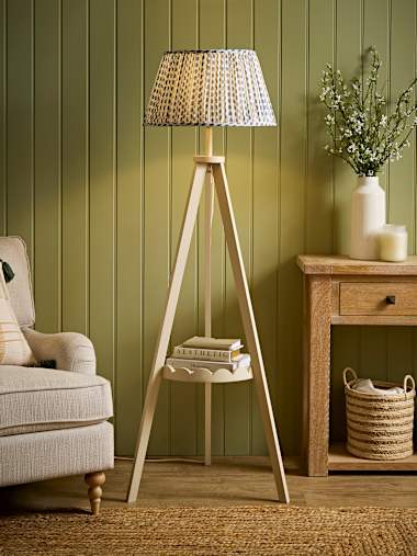 Cream Scallop Shelf Tripod Floor Lamp with Navy Ditsy Pleated Taper Shade