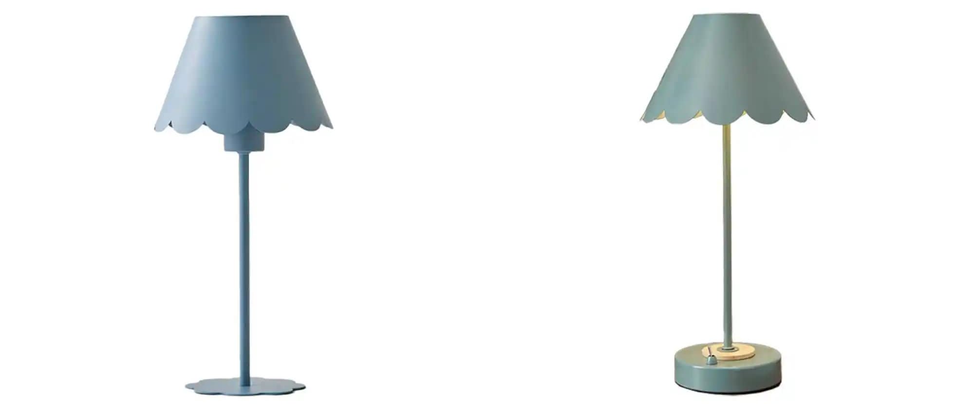 Hattie Light Blue Rechargeable Scalloped Table Lamp next to the Dunelm lamp it is compared with