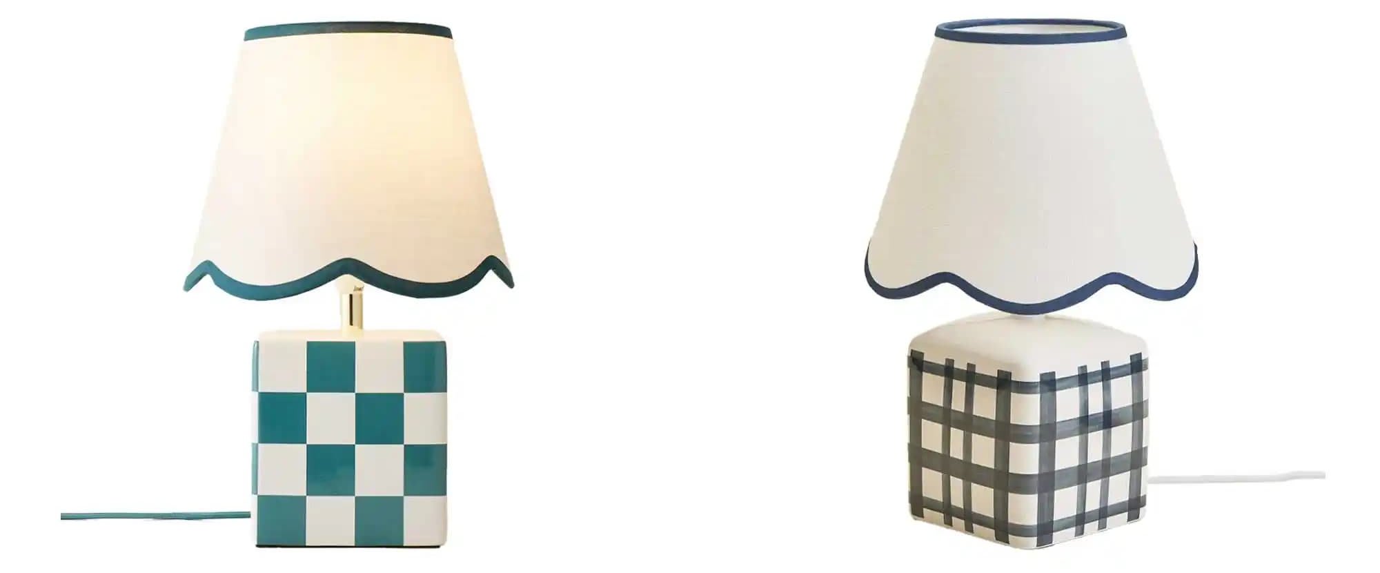 Evie Teal Ceramic Table Lamp with Cream Shade next to the Sklum lamp it is compared with