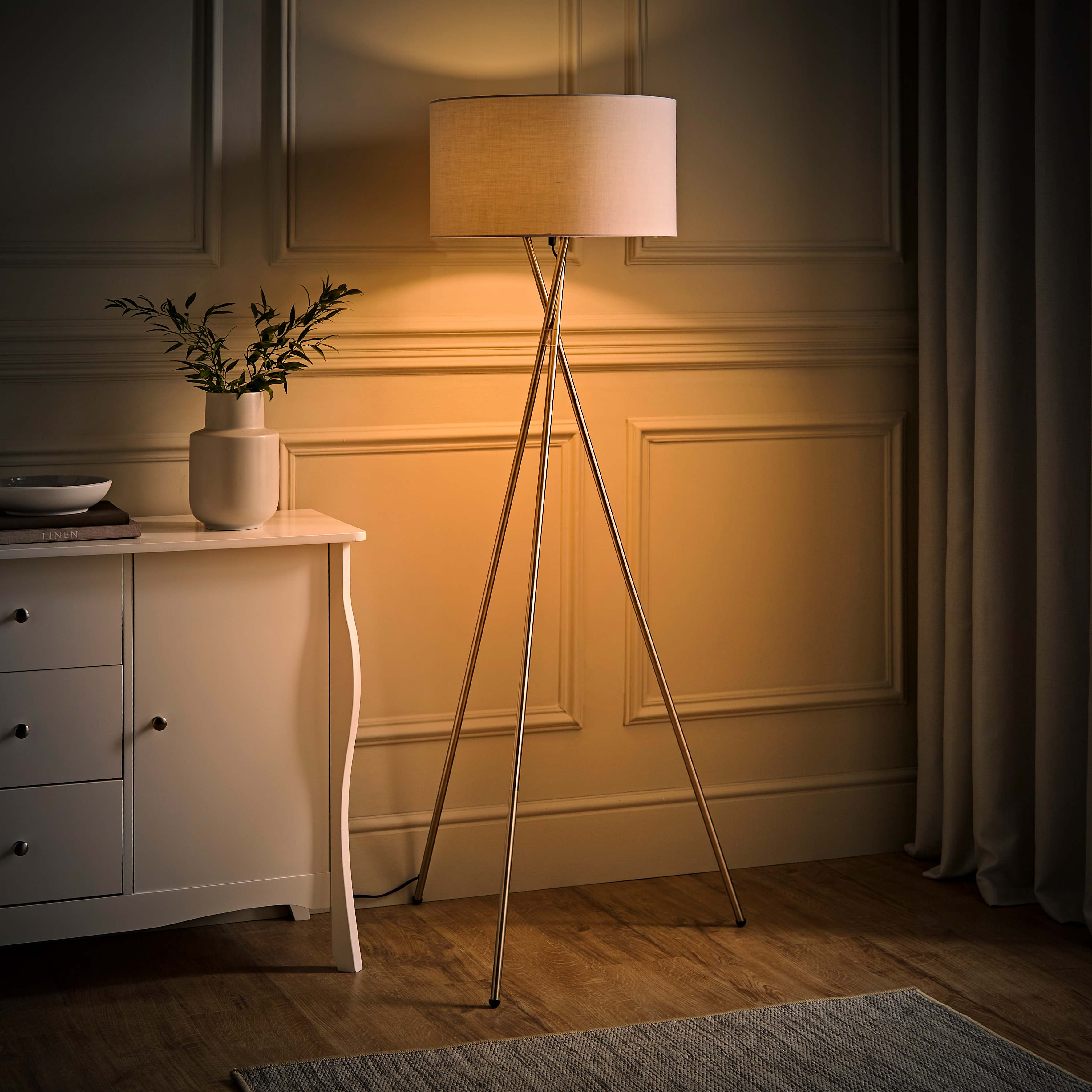 Camden Tripod Floor Lamp Large Grey Reni Shade | ValueLights