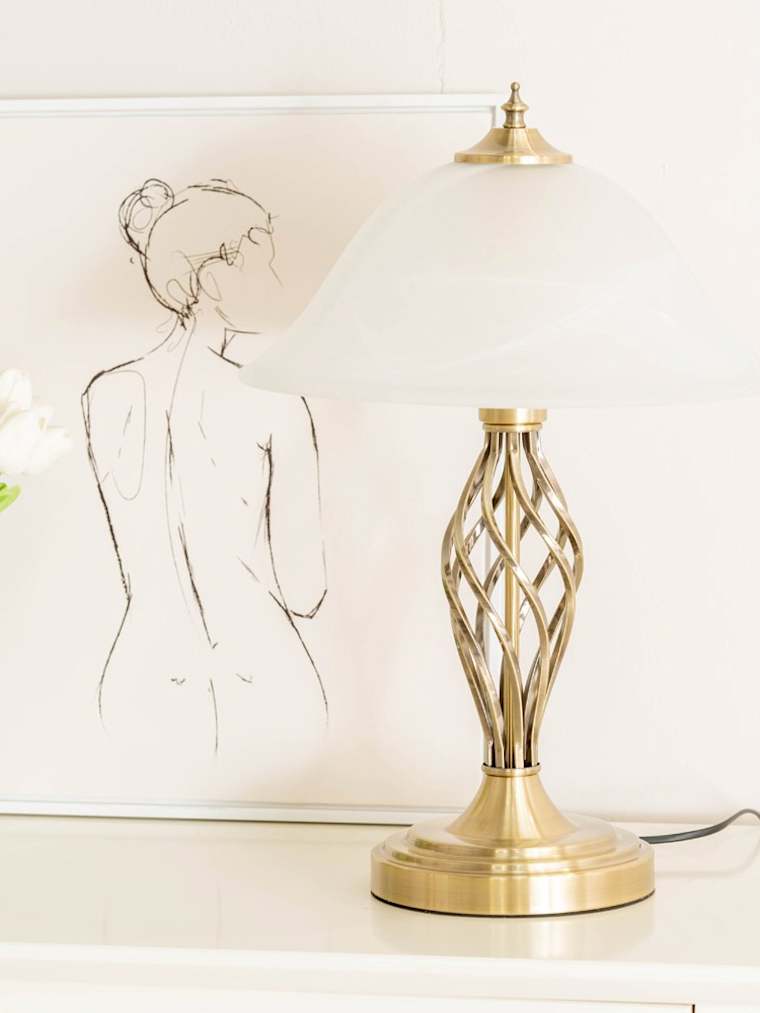 Pair of Antique Brass Twist Table Lamps with Glass Shades