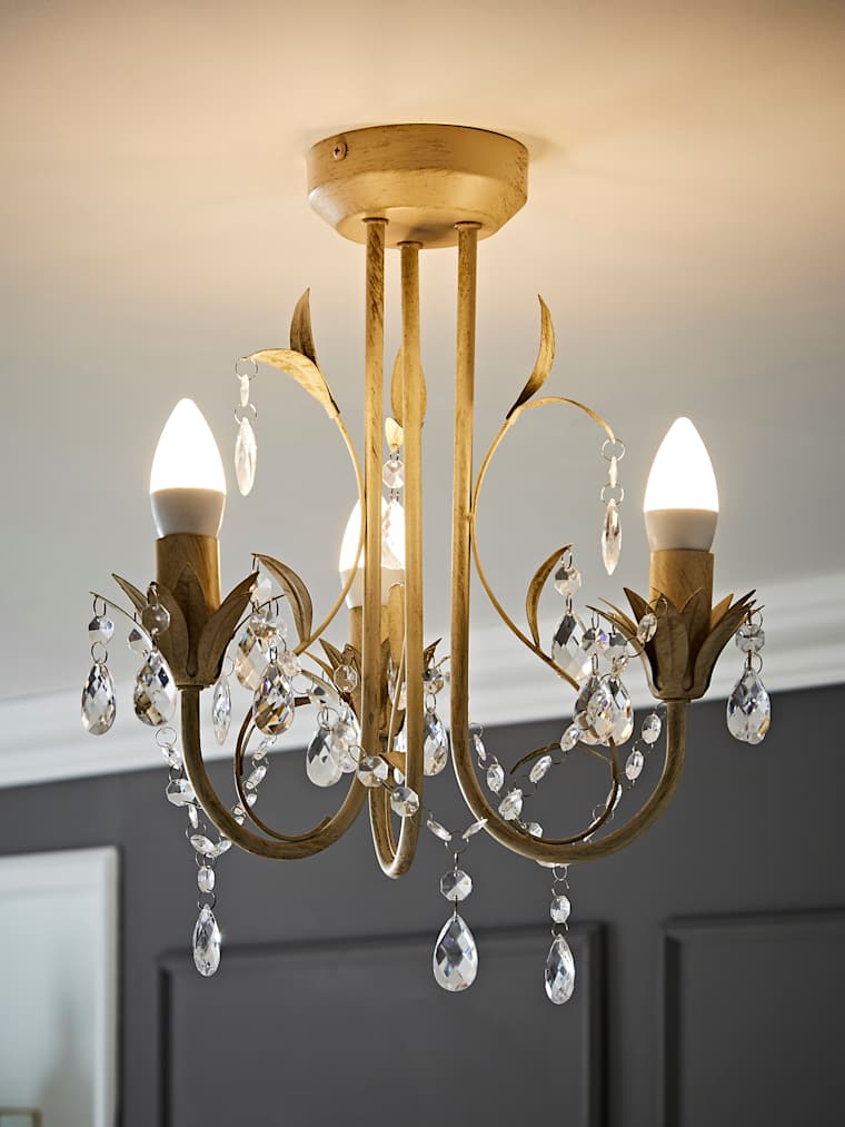 3-Way White and Gold Chandelier with Clear Droplets