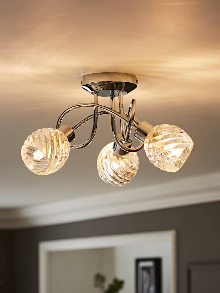 Polished Chrome Swirl Glass 3 Arm Twist Ceiling Light