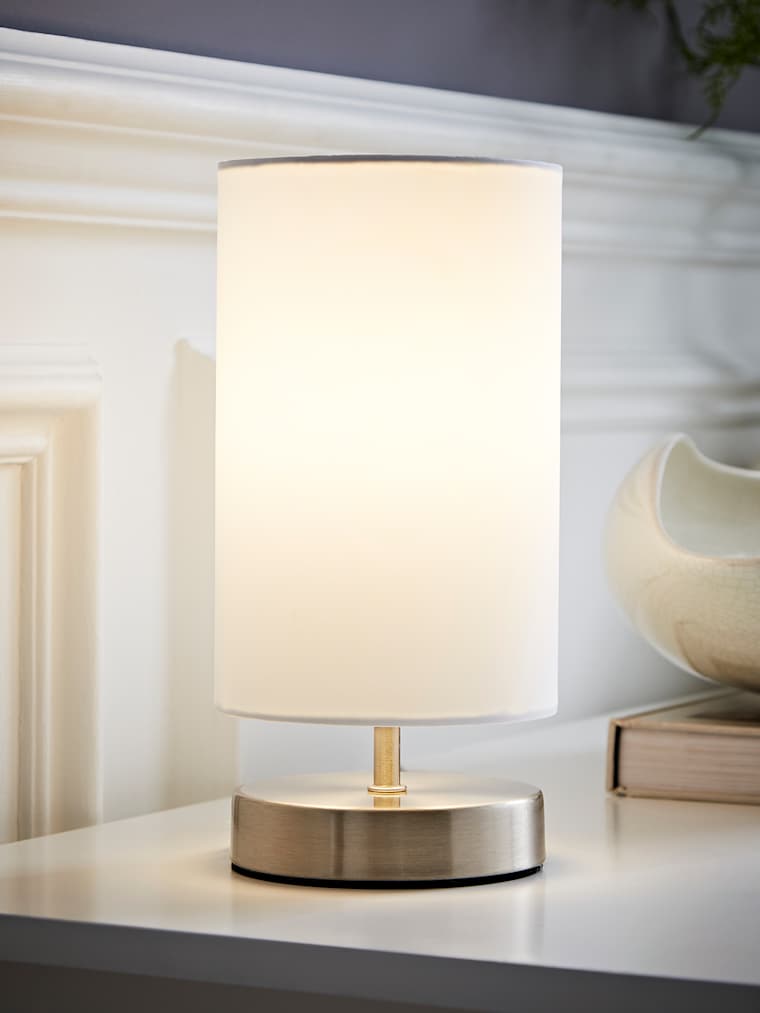 Brushed Chrome Touch Table Lamp with White Shade