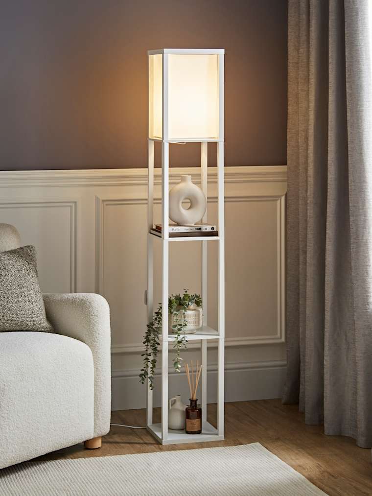 White Shelving Floor Lamp with Fabric Shade