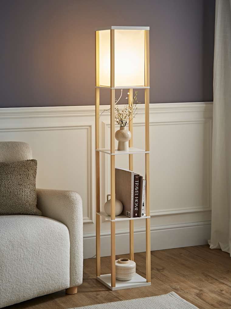Wooden Shelving Floor Lamp with Fabric Shade