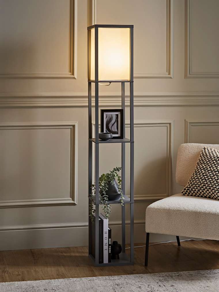Light Grey Shelving Floor Lamp with Fabric Shade