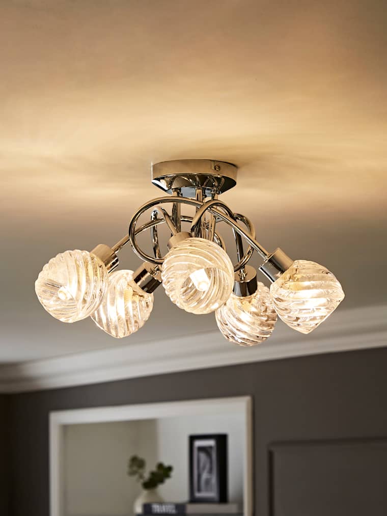 5-Way Chrome Semi Flush Ceiling Light with Swirled Glass