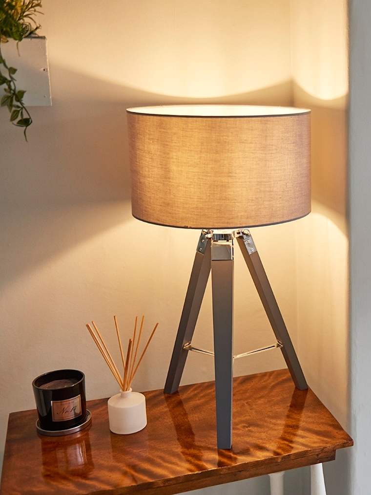 Grey Wood and Chrome Tripod Table Lamp Base