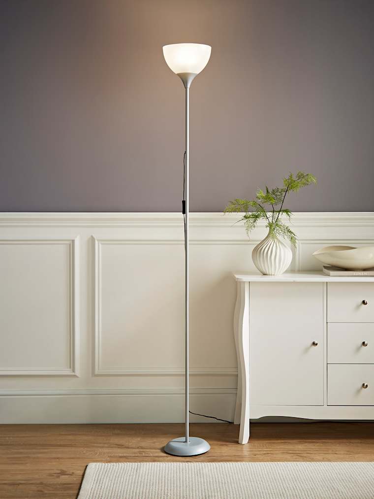 Chrome Uplighter Floor Lamp with White Shade