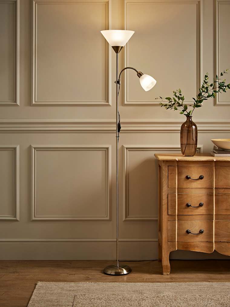Antique Brass Uplighter Floor Lamp with Reading Light