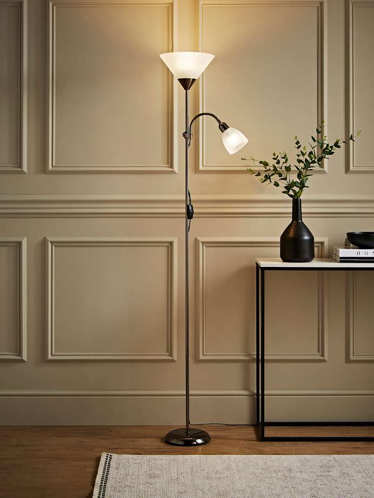 Black Chrome Uplighter Floor Lamp with Reading Light