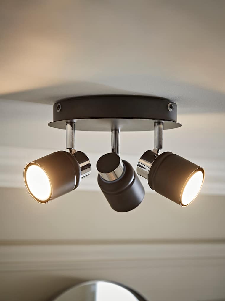 IP44 Black and Chrome 3-Way Round Ceiling Spotlight