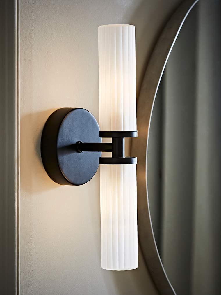 IP44 2-Way Matte Black Wall Light with Reeded Glass Shades