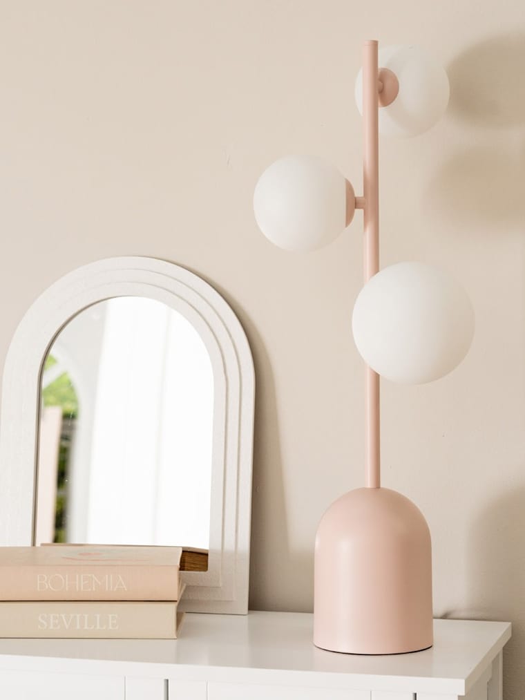 3-Way Blush Pink Table Lamp with White Glass Globe Shades