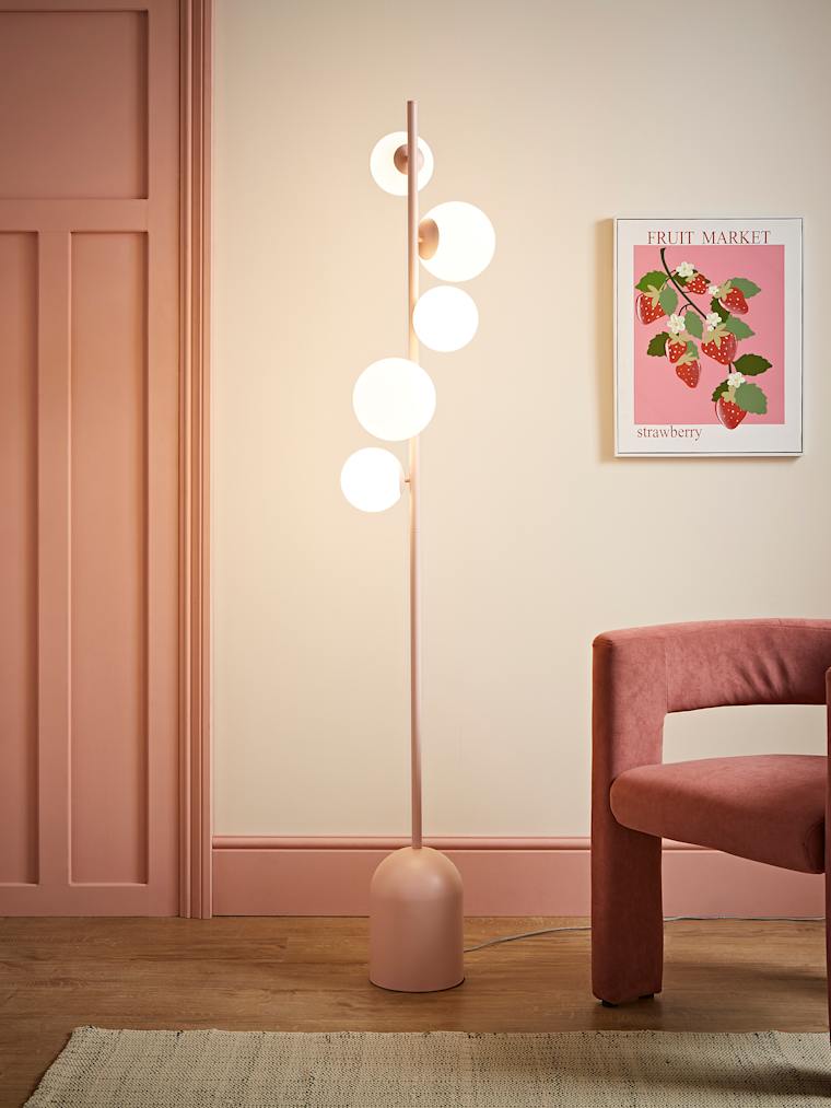 5-Way Blush Pink Floor Lamp with White Glass Globe Shades