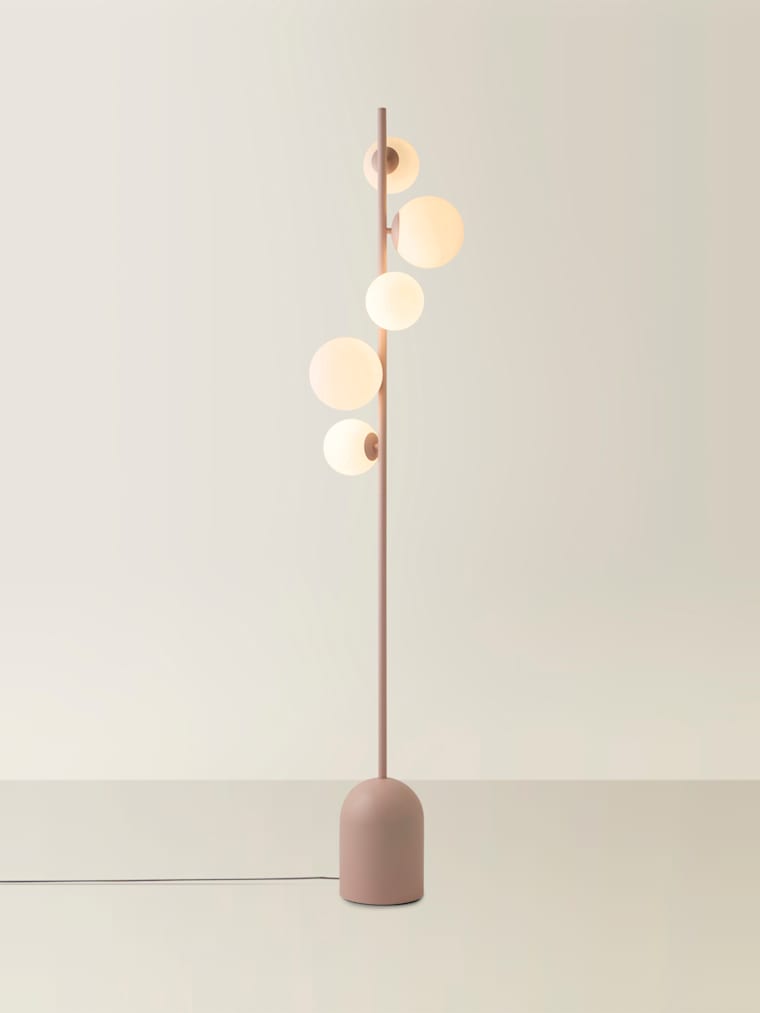 5-Way Blush Pink Floor Lamp with White Glass Globe Shades