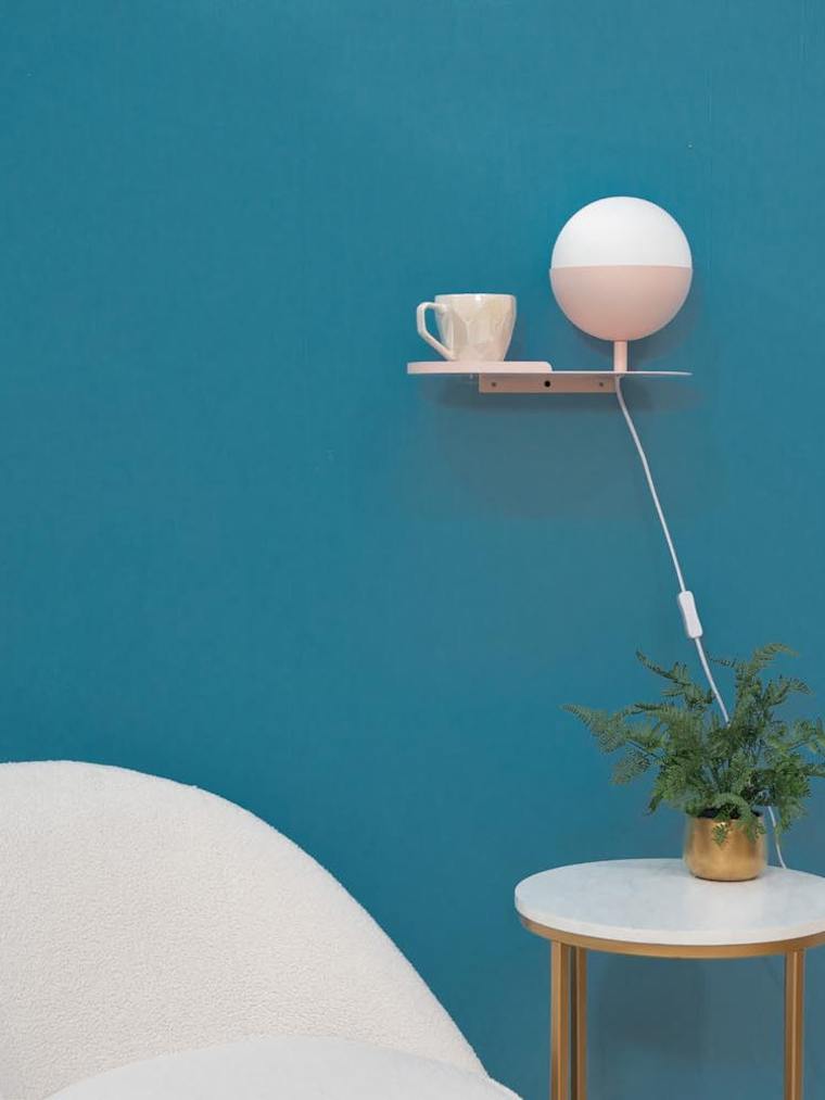 Blush Pink Shelf Wall Light with White Glass Globe Shade