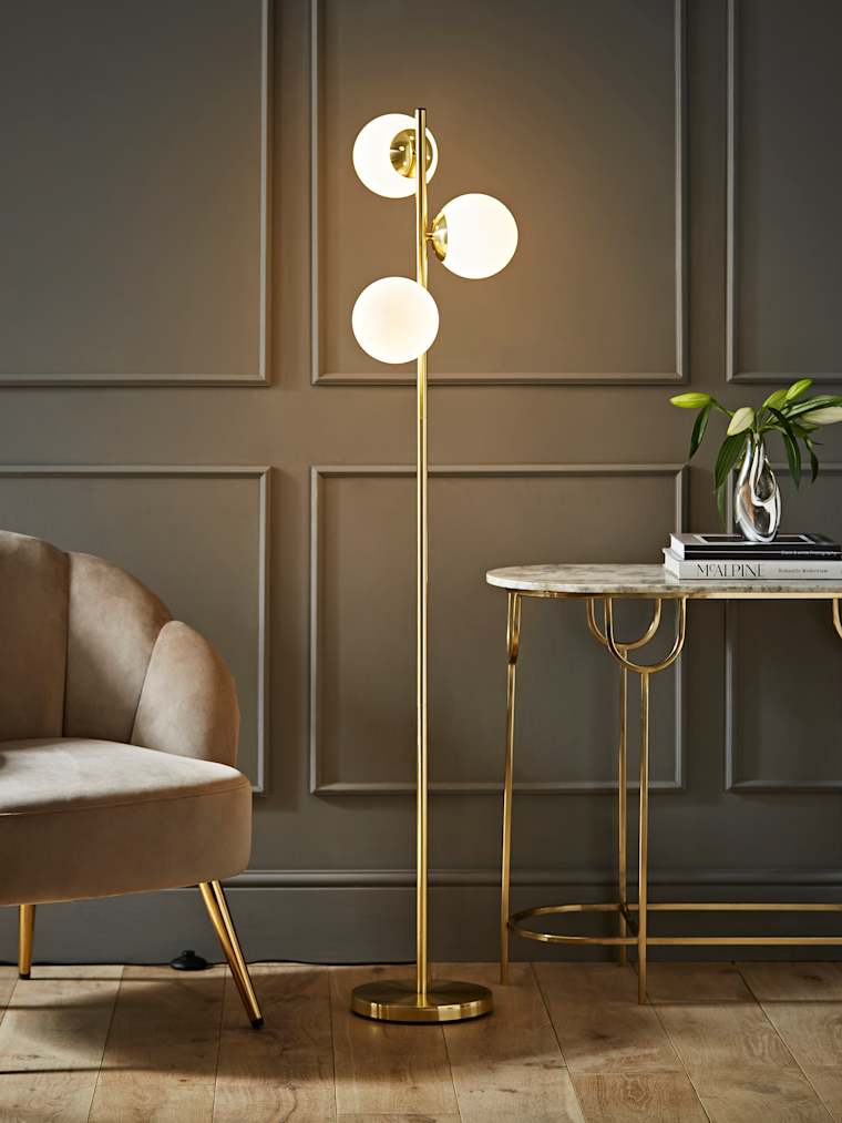 Gold 3-Way Floor Lamp with White Glass Globe Shades