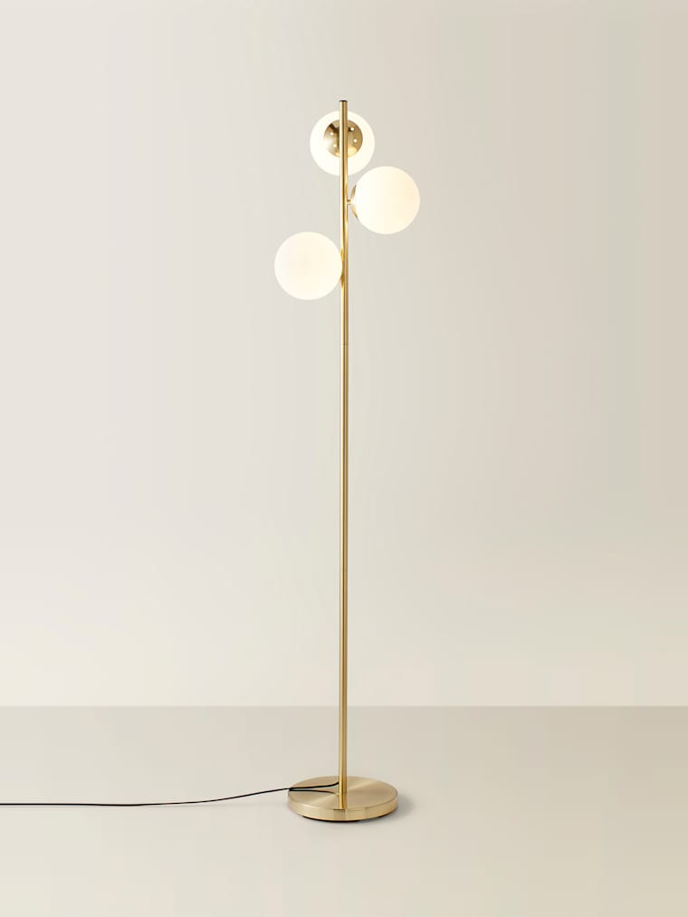 Gold 3-Way Floor Lamp with White Glass Globe Shades