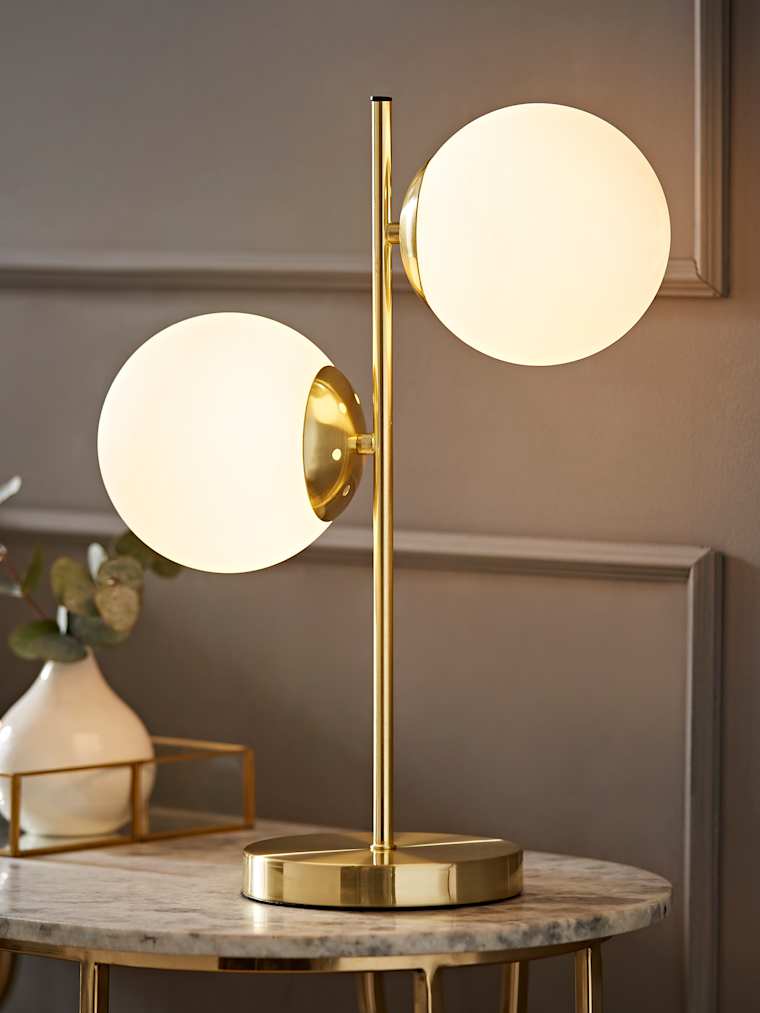 Gold 2-Way Table Lamp with White Glass Globe Shades
