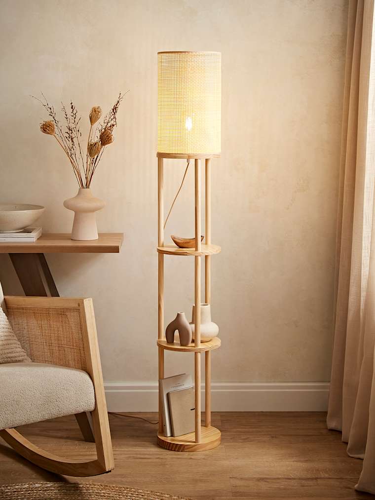 3 Tier Shelved Floor Lamp with Bamboo Shade